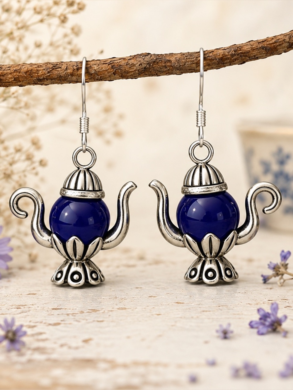Silver and Blue Teapot Earrings